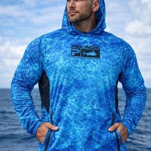 Pelagic Electric Blue Hooded Performance Fishing Shirt 2XL